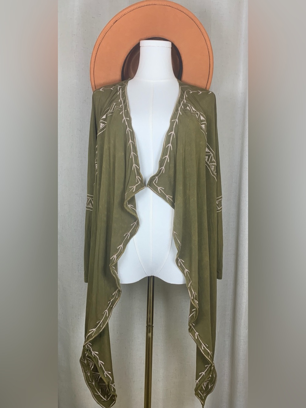 POL Olive Green Acid Wash Embroidered Boho Waterfall Cardigan
